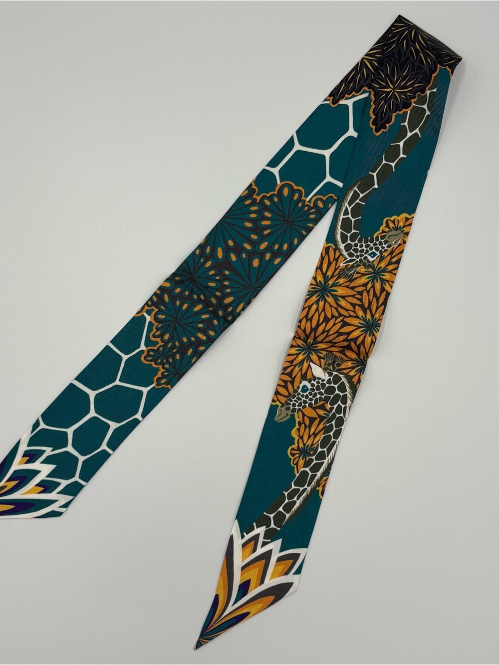 Hermes The Three Graces Twilly Silk Scarf Blue Teal Gold Giraffe Floral Ribbon - Picture 2 of 5